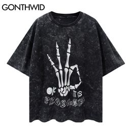 Tees Shirts Hip Hop Ripped Distressed Funny Skeleton Hand Print Tshirts Streetwear Fashion Summer Loose T-Shirt Tops 210602