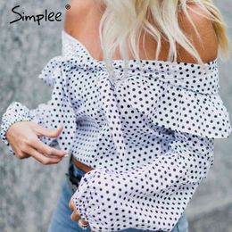 Sexy off shoulder white polkda dot women blouse shirt Holiday long sleeve tops Spring summer neck tie elegant chic top 210414