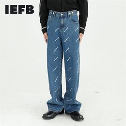 IEFB Men's Wear Letter Printed Korean Streetwear Fashion Straight Adjustable Waist Blue Jeans Casual Denim Trousers 211011