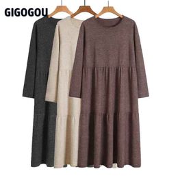 GIGOGOU Casual Loose Long Knit Women Sweater Straight Dress Solid O Neck Oversized Pullover Maxi Dresses Autumn Midi Party Dress 211221