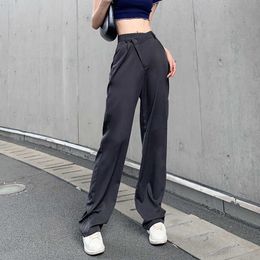 Women Pants Dark Suit-Pants Dark Gray Asymmetrical High Waist Wide Leg Loose Straight Long Pant 2021 Autumn New Casual Trousers Q0802