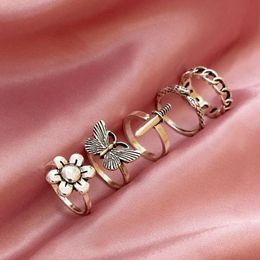 Cluster Rings 5pcs/set Party Silver Color Punk Flower Alloy Dagger Snake Finger Butterfly Set