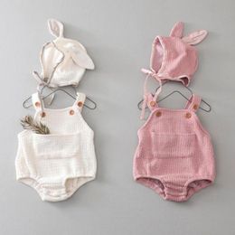 Spring Kids Baby Girl Boys Solid Jumpsuit Sleeveless Pocket Overalls New Casual Bodysuit With Hat Infant Clothes Set 210413