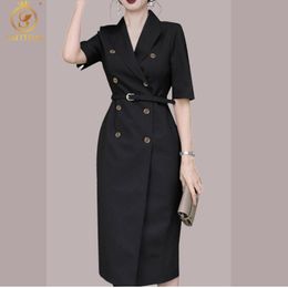 Arrival Korean Fashion Chic Double Breasted Black Dresses For Women Office Lady Short Sleeve Summer Robe 210520