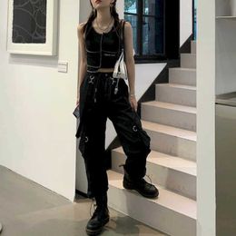 Early autumn fried street cool sister n ways to wear high waist thin waistband overalls female loose trendy handsome 210526
