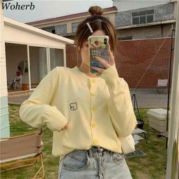 Bear Knitted Women Cardigan Tops Summer Thin Long Sleeve Sweater Coat O-neck Korean Vintage Ladies Jumpers 210519