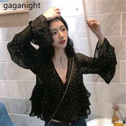 Spring Autumn Chic Vintage Women Blouses Polka Dot V-Neck OL Shirt Long Sleeve Korean Ruffles Lady Formal Blusas 210601