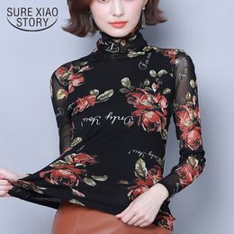 Female Fashion Mesh Floral Print Outerwear Bottom Shirt Women Turtleneck Autumn Long Sleeve Plus Size 7528 50 210417