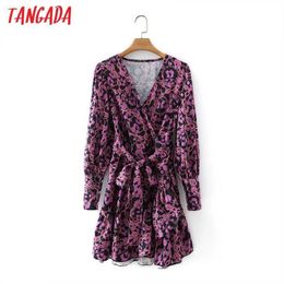Tangada Fashion Women Pink Chain Leopard Print Dress With Slash V Neck Casual Female Ruffle Dress 7Y08 210609