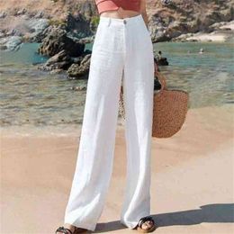Elastic Waist Summer Women Pants Plus Size High Waist Thin Cotton Linen Wide Leg Pants all-matched Casual Straight Trousers 210721