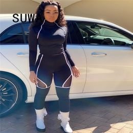 Women Long Sleeve Tee Tops + Pencil Cut Out Stacked Joggers Pants Suit Active Wear Tracksuit Two Piece Set Fitness Outfits 210525