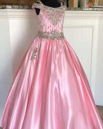 Little Miss Pageant Dress for Teens Juniors Toddlers 2021 Perline AB-Stones Crystal Pink Satin Long Girls Prom Gown Formal Party rosie Off-the-Shoulder Pockets