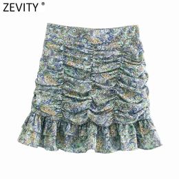 Women Vintage Cashew Nut Floral Print Hem Ruffles Casual Slim Pleated Skirt Faldas Mujer Femme Side Zipper Vestido QUN733 210416