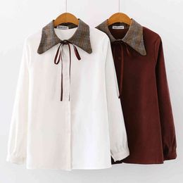 Autumn Spring Office Lady Long Sleeve Blouse Female Shirts Slim Plaid Bow Turn-down Collar Wild Women Retro Tops 210423