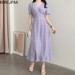 Korejpaa Women Dress Summer Korean Chic Gentle Temperament V-Neck Floral Embossed Design Lace-Up Waist Slimming Vestidos 210526