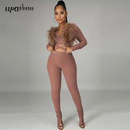 Free Ladies Bandage Pants Set Sexy V-neck Long Sleeve Hollow Feather Top & Pencil Fashion Two-piece 210524