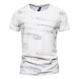 2021 New Print T-shirt Male Casual Personality Cotton Short Sleeve Fashion Broken Hole T-shirt