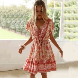 Sping Summer Boho V-neck Floral Printed Short Sleeve Dress Women Fashion Single-breasted Lace-up Mini Femme Robe 210517