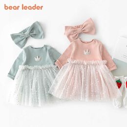 Bear Leader Toddler Girls Casual Rompers Dress Fashion Spring Infant Princess Crown Voile Patchwork Bodysuits Baby Clothing 210708