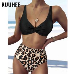 RUUHEE Solid Swimsuit Women Sexy Leopard White Bikinis 2021 High Waist Bathing Suit Stripe Biquini Push Up Swimwear Female X0522