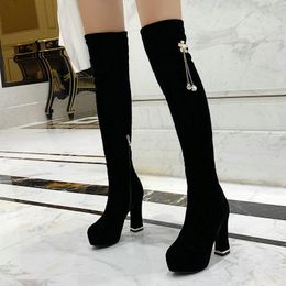 Stivali invernali sopra il ginocchio Donna Tessuti elasticizzati Tacco alto Scarpe con plateau con zip laterale Applicazioni in pelle scamosciata moda Autunno lungo