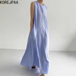 Korejpaa Women Dress Summer Korean Chic Ladies Minimalist All-Match Round Neck Double Pocket Casual Big Swing Vest Vestidos 210526