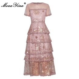 Fashion Designer Dress Summer Women's dress Short Sleeve Gorgeous Gold Line Embroidery Sequined Lace Elegant Dresses 210524