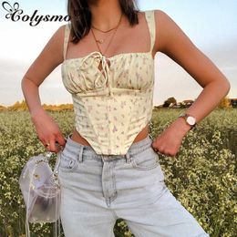 Colysmo Boned Bustier Women Shoulder Strap Floral Tops Summer Front Pleated Lace Up Corset Casual Vintage Print Crop Top 210527