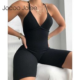 Jocoo Jolee Summer Sexy V Neck Backless Playsuits Elegant Strap Knitting Bodycon Jumpsuits Overalls for Women Casual Rompers 210619