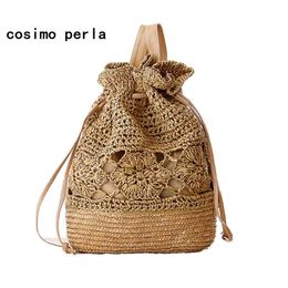 Handmade Crochet Flower Beach Bag Woven Straw Drawstring Backpacks Women 2021 Hollow Out Bucket Causal Boho Travel Shoulder Bag Q0528