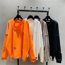 Korean Loose Pullover Shirts Women New Ripped Hole BF Loose Round Neck Long Sleeve Mid Length Top Casual Hoodie 210330