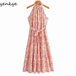 Floral Print Halter Dress Women Sleeveless Free Belt Holiday Summer Beach Female A-line Midi Casual Vestido 210430