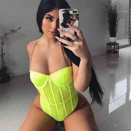 Fluorescence Green Romper Mesh Transparent Teddy Bodysuit Metal Chain Straps Backless Push Up Chest Sexy Bodycon Jumpsuit Party 210517