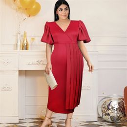 High Waist Midi Dresses Plus Size 4XL Short Lantern Sleeve V Neck Women Summer Birthday Evening Party Robes for Ladies 210527