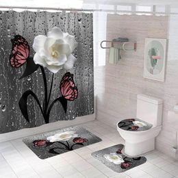 Shower Curtains Rose Butterfly Curtain Sets With Rugs Blooming Flowers Bathroom Decor Bath Rug And Mats Hooks Toilet Seat Cover