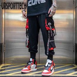Hip Hop Jogadores Homens Carta Ribbons Calças de Carga Bolsos Táticos Táticos Techwear Masculino Calças Masculinas Sweatpants Esporte Streetwear 210616