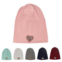 Beanie/Skull Caps Women Ribbing Cotton Solid Color Soft Elastic Skullies Beanies Hats Fashion Spring With Big Love Rhinestone Accessories