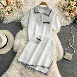 Small Fragrance Knitted Two Piece Set Women Short Sleeve Crop Top + Skirts Suits Female Summer Fashion Casual 2 210514