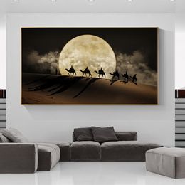 Camel In The Desert Landscape Canvas Painting Desert Wall Art Posters and Prints Canvas Art Moon Night Scene Pictures Home Decor