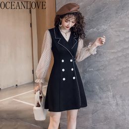 Fashion Vestidos Spring Long Sleeve Notched Collar Elegant Women Dresses Double Breasted Black Mini Dress 14165 210415