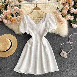 Women Korean Style White Dress Sweet Puff Short Sleeve Mini Elegant Square Collar A-line Bow Back Casual Summer 210603