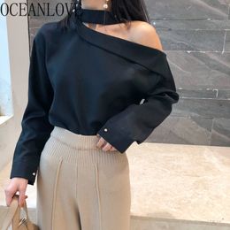 Chic Solid Hollow Out Women Blouses Sexy Slash Neck Korean Vintage Blusas Mujer Spring Tops Ins Shirts 14818 210415