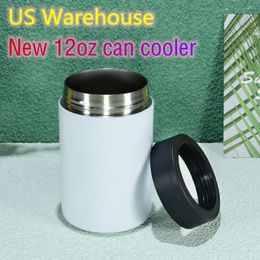 US warehouse 12oz Sublimation Can Cooler White Blank tumblers Stainless Steel Wine Cups 2-1 Koozies Tumbler Portable Water Bottles B6