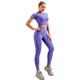 Women SeamlYoga Set Workout Sportswear Gym Clothing FitnShort Sleeve Crop Top High Waist Leggings Sports Suits X0629
