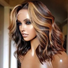 Hot Highlight frontal Human Hair Wigs brown blonde Short wavy Bob For Black Women Brazilian Pre Plucked Body Wave Lace Front Wig 150%density