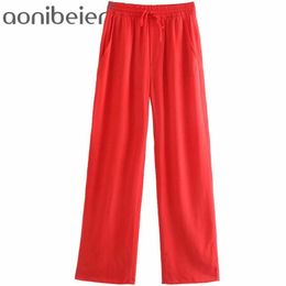 Thin Style Summer Women Casual Trousers Fashion Drawstring Detail Elastic High Waist Straight Pants Female Bottoms Red 210604