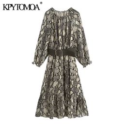 Women Chic Fashion With Belt Snake Print Ruffled Midi Dress Long Sleeve Elastic Waist Female Dresses Mujer 210420