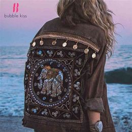 Women Denim Short Jackets Jeans Coats Vintage Fashion Black winter Bohemian Long Sleeve Clothes Outerwear Ladies Clothing 210922