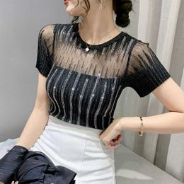 Sexy Hollow Out Drills Summer New Short Sleeve Sweater-Shirt Cultivate One'S Morality Ice Silk Blouse Thin Female Knit Net Yarn X0721