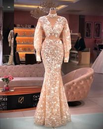 Sparkle Mermaid Champagne Evening Dresses Long Sleeves Sequin Applique Prom Gowns For Women Party High Neck Robe De Soire Femme 322